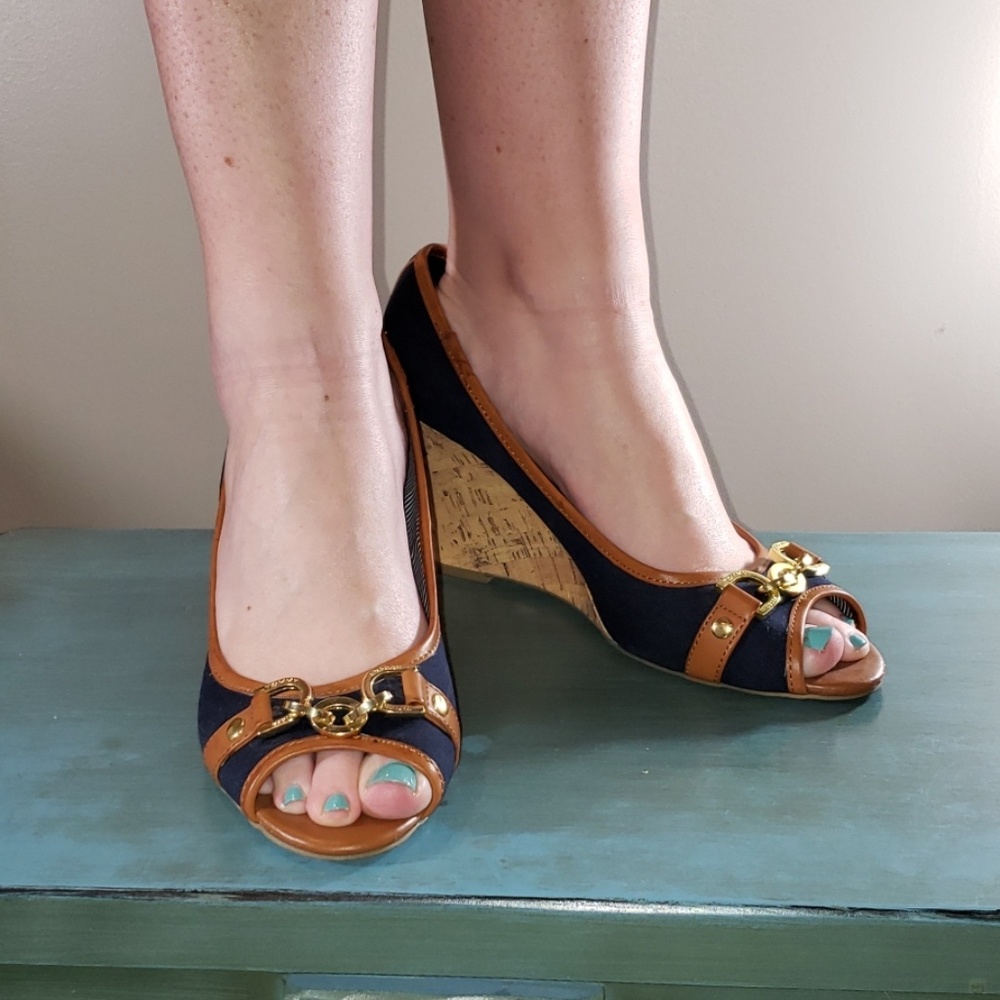 Tommy Hilfiger Tawnisha peeptoe cork wedge heel.